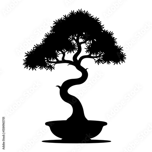Elegant black silhouette of a stylized bonsai tree white