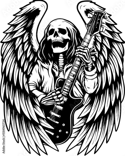 SVG of a rocker skeleton with a skull motif, perfect for edgy tattoo art. Skull and Wings Graphic Design Featuring Rock Guitar Player