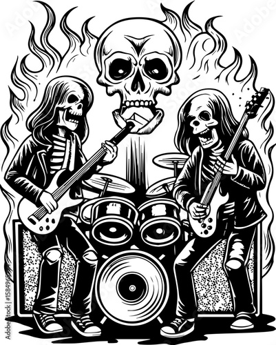 SVG of a rocker skeleton with a skull motif, perfect for edgy tattoo art. Rock Band with Skeleton Musicians and Skull in Fiery Background