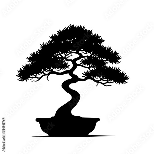 Elegant black silhouette of a stylized pine bonsai tree vector
