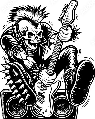 SVG of a rocker skeleton with a skull motif, perfect for edgy tattoo art. Skull Punk Rocker Playing Electric Guitar with Energy and Attitude