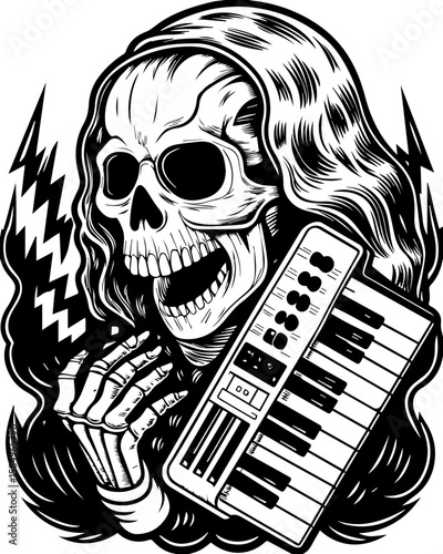 SVG of a rocker skeleton with a skull motif, perfect for edgy tattoo art. Skull Character with Keyboard and Eerie Lightning Illustrations