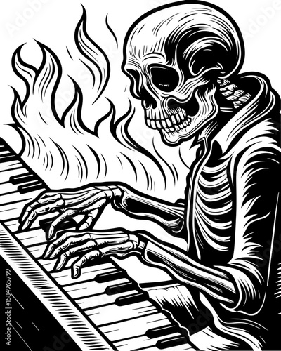 SVG of a rocker skeleton with a skull motif, perfect for edgy tattoo art. Skeleton Playing Piano with Flames in a Bold Artistic Style