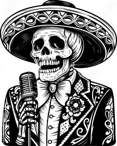 SVG of a rocker skeleton with a skull motif, perfect for edgy tattoo art. Skeleton Mariachi Singer with Vintage Microphone in Traditional Attire