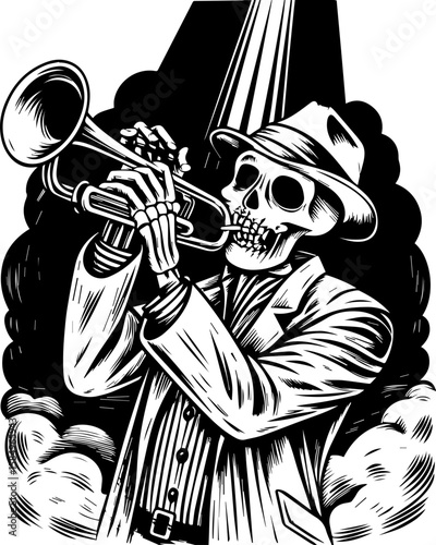 SVG of a rocker skeleton with a skull motif, perfect for edgy tattoo art. Skeleton Musician Playing Trumpet in Vintage Style Artwork Design