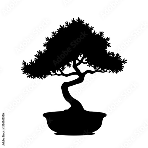 Twisted bonsai tree silhouette in a pot black white