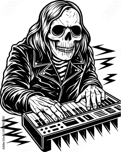 SVG of a rocker skeleton with a skull motif, perfect for edgy tattoo art. Skull Musician Playing Synthesizer with Vintage Leather Jacket