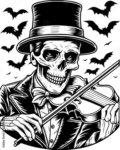 SVG of a rocker skeleton with a skull motif, perfect for edgy tattoo art. Skeleton Musician Playing Violin with Bats in Spooky Atmosphere