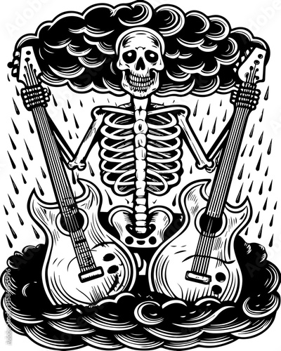 SVG of a rocker skeleton with a skull motif, perfect for edgy tattoo art. Skeleton Holding Guitars in Cloudy Weather with Rain Illustration