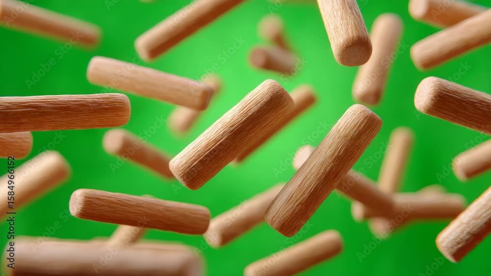 Dynamic View of Floating Wooden Cylinders Against a Vibrant Green Background