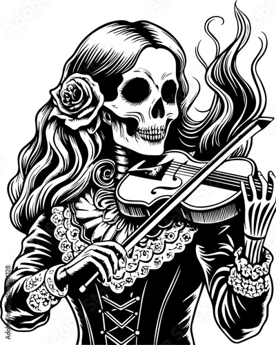 SVG of a rocker skeleton with a skull motif, perfect for edgy tattoo art. Elegant Skeleton Playing Violin in Traditional Costume Design