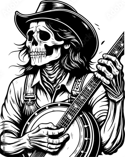SVG of a rocker skeleton with a skull motif, perfect for edgy tattoo art. Skull Cowboy Playing Banjo in Vintage Black and White Illustration