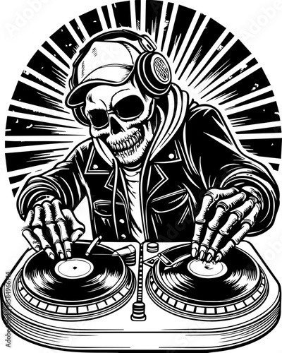 SVG of a rocker skeleton with a skull motif, perfect for edgy tattoo art. Skull DJ Mixing Vinyl Records in a Retro Style Design