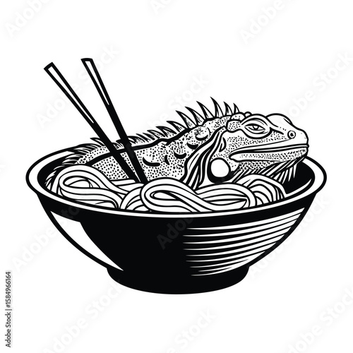 Iguana in a bowl of noodles with chopsticks reptile