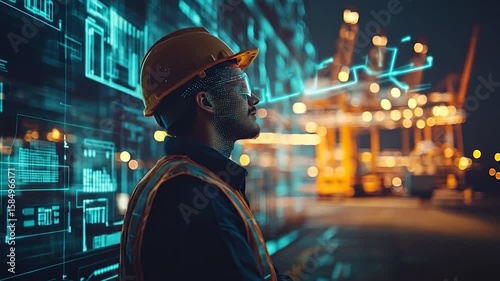 Engineer with digital overlay, port, and night.