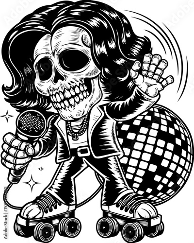SVG of a rocker skeleton with a skull motif, perfect for edgy tattoo art. Skull Character on Roller Skates with Disco Ball and Microphone