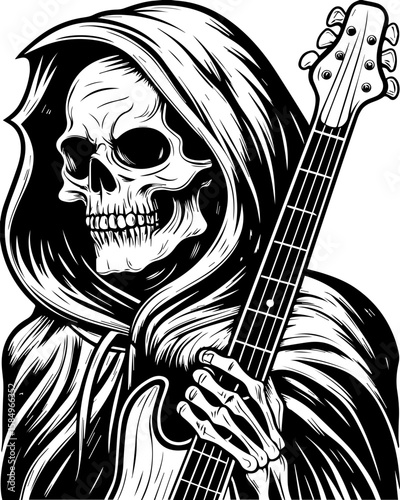 SVG of a rocker skeleton with a skull motif, perfect for edgy tattoo art. Grim Reaper Playing Guitar in Dark Art Illustration Style