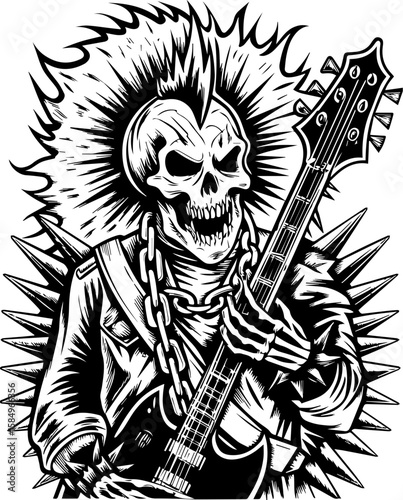 SVG of a rocker skeleton with a skull motif, perfect for edgy tattoo art. Skull Guitarist with Spiky Hair in Rock and Roll Style Illustration