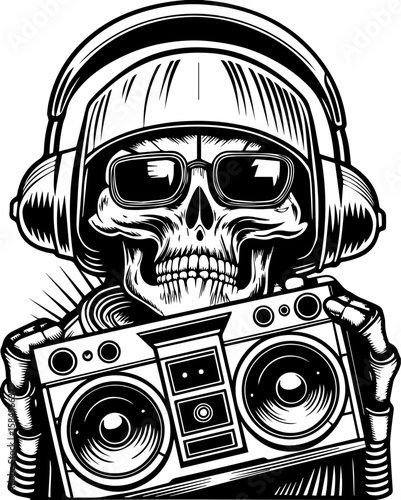 SVG of a rocker skeleton with a skull motif, perfect for edgy tattoo art. Stylish Skull with Headphones and Boombox in Monochrome Design