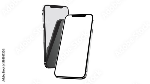 Two smartphones standing upright with blank white screens displayed against a white background in a studio shot
