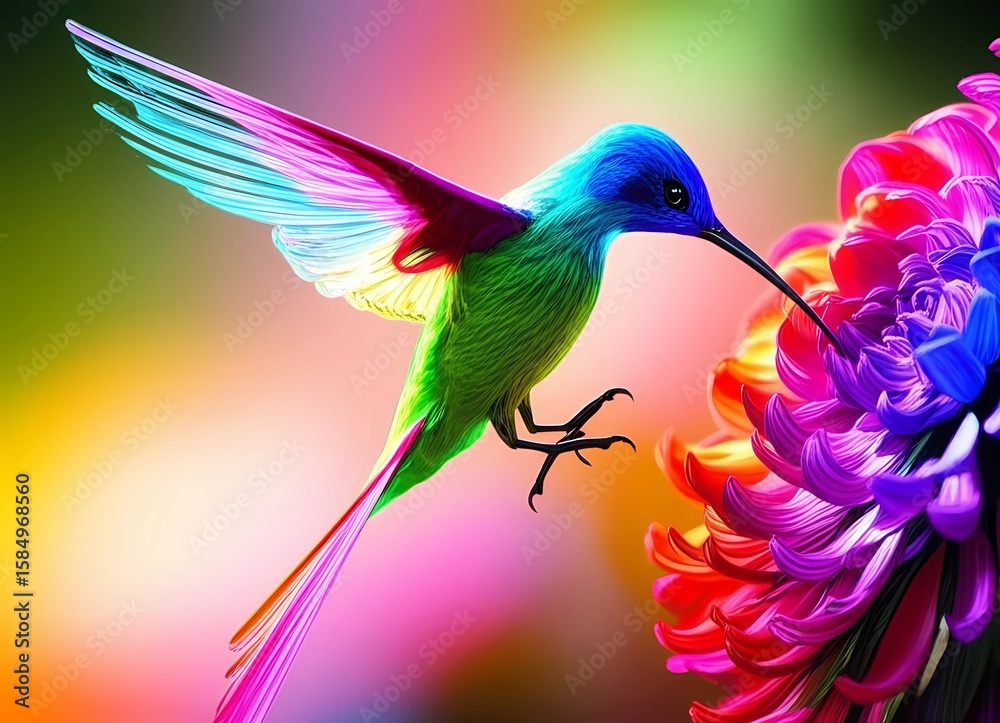Obraz premium Vibrant hummingbird sips nectar from a colorful, iridescent flower.