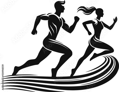 Running man and woman, isolated vector silhouettes. Run, side view. Silhouettes of athletic looking male and female runners running. EPS 10 version.