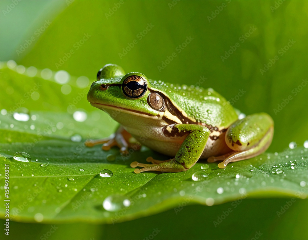 A green tree frog sits on a large leaf covered in water droplets, basking in the sunlight. A green tree frog sits on a large leaf covered in water droplets, basking in the sunlight.