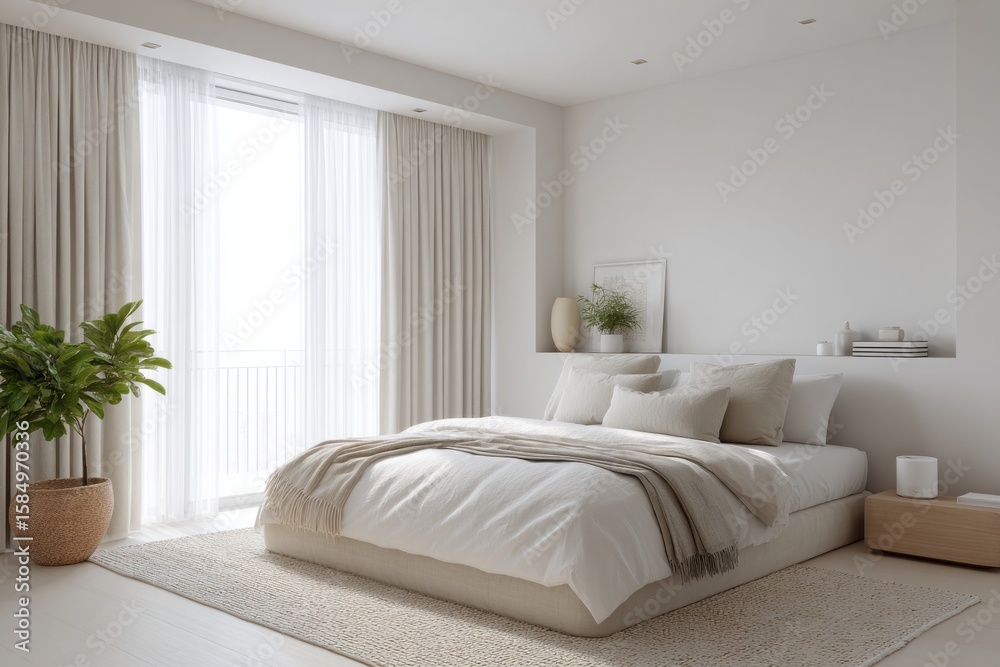 Fototapeta premium Minimalist bedroom with neutral tones and natural light from sheer curtains. bedroom with blackout curtains, white noise machine, neat bedding, peaceful early morning atmosphere