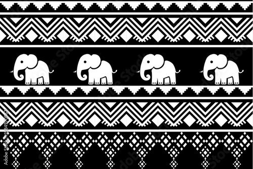 White elephant with Thai tribal textile pattern in black and white. Traditional geometric ethnic fabric design from Southeast Asia. Symmetrical, ornamental, cultural style