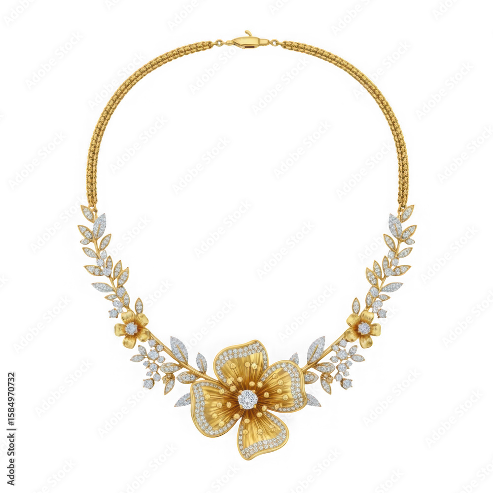 Obraz premium Floral gold diamond necklace jewelry fashion isolated on transparent background