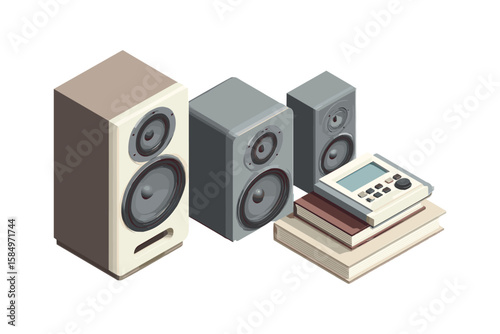 isometric illustration of modern speaker set with minimal flat design
