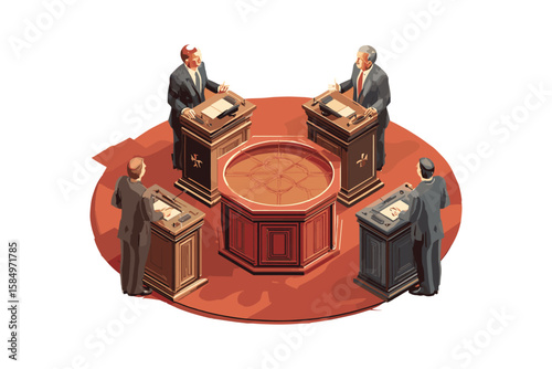 isometric illustration of business meeting at round table with formal characters