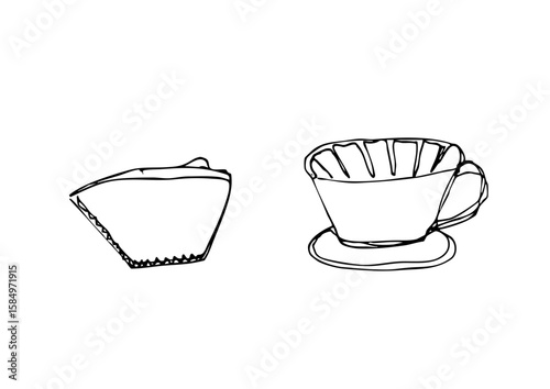 ゆるい線画の台形コーヒーフィルターとドリッパーのイラスト