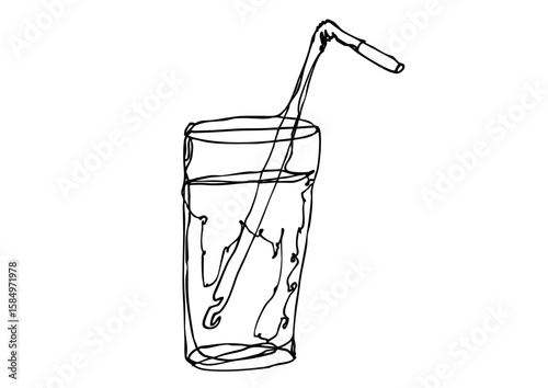 ゆるい線画の液体が入ったストロー付きのストレートグラスのイラスト