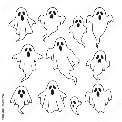 Collection of cute hand drawn ghost characters silhouette isolated on white background