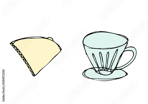 ゆるい線画の円錐コーヒーフィルターとドリッパーのイラスト