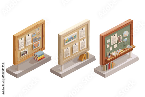 isometric illustration of freestanding bulletin boards with classroom notices