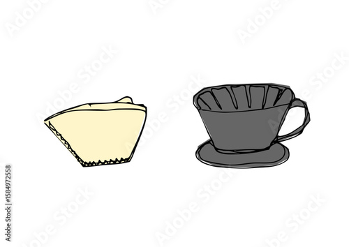 ゆるい線画の台形コーヒーフィルターとドリッパーのイラスト
