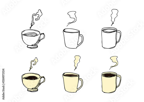 湯気つきコーヒーの線画イラストセット