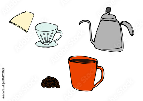 コーヒー道具の線画イラストセット