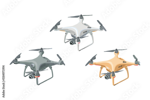 isometric set of quadcopter drones with camera and propellers
