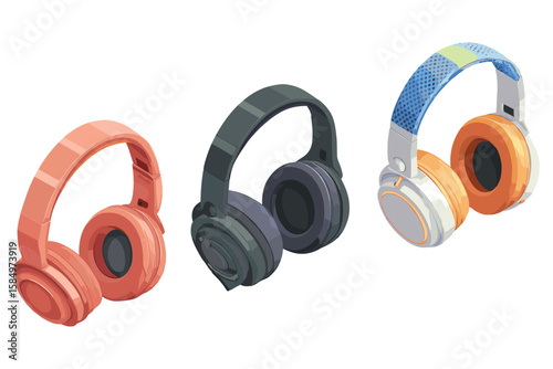 isometric set of modern headphones in different colors and styles