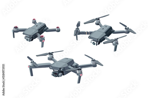 isometric set of quadcopter drones in various flight angles