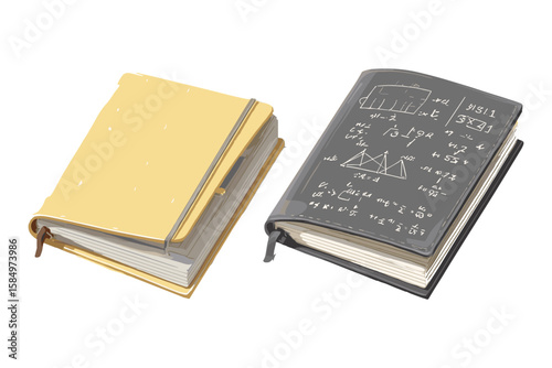 isometric set of closed and open hardcover books with textured covers