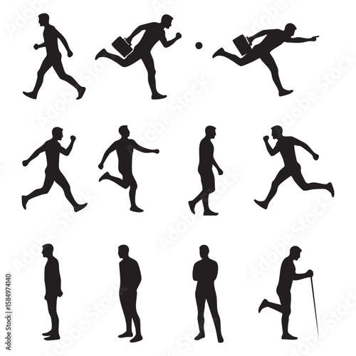 Collection of male figures in motion and static poses silhouette isolated on white background