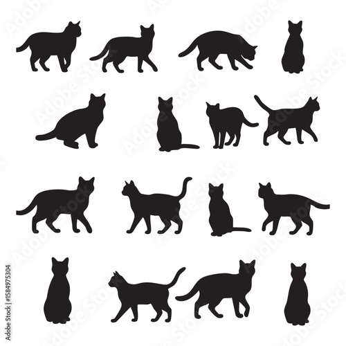 Collection of black cat silhouettes in various poses isolated on white background silhouette