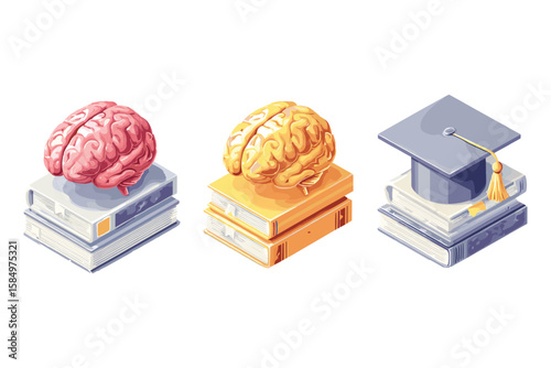 isometric set of education symbols including brain, books, and graduation cap