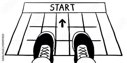 Sneakers positioned on start line in minimalistic black and white art  