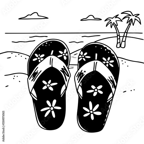 Beach flip-flops with floral design on sand and ocean background  