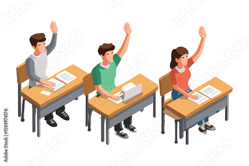 isometric set of students raising hands in classroom desks